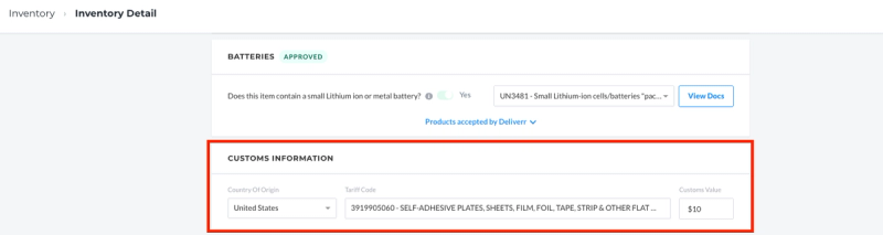 Flexport seller portal inventory screen with customs information fields highlighted in red
