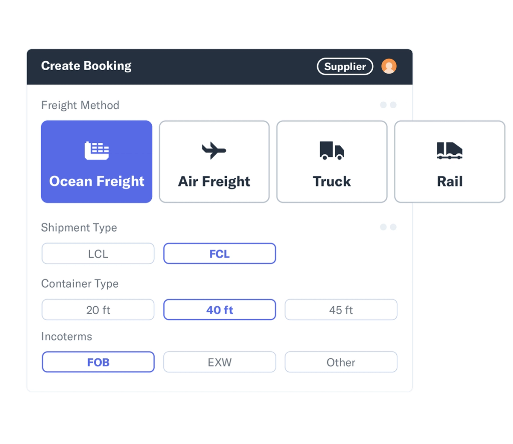 Flexport platform Create Booking panel with freight method, shipment type, container type, and Incoterms options