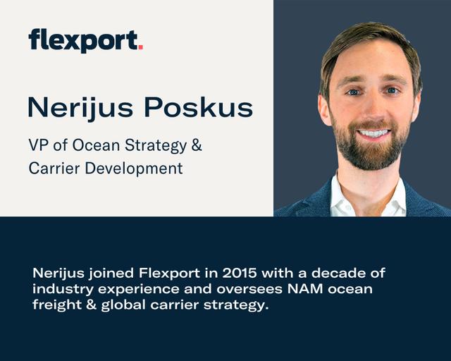 Flexport headshot card for Nerijus Poskus, VP of Ocean Strategy & Carrier Development, with bio on NAM ocean freight and global carrier strategy