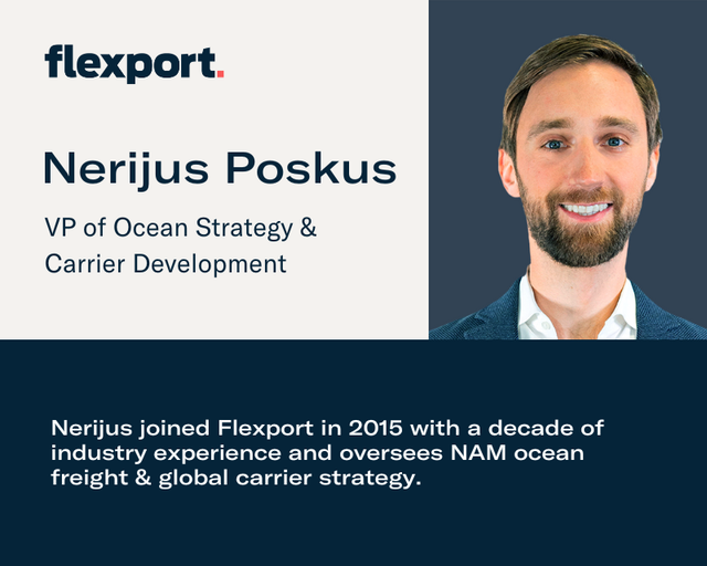 Flexport headshot card for Nerijus Poskus, VP of Ocean Strategy & Carrier Development, with bio on NAM ocean freight and global carrier strategy