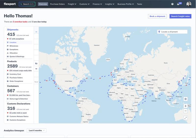 Flexport dashboard home with a world map and shipment, product, container and customs counters