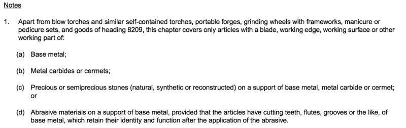 HTS chapter notes text defining which bladed and abrasive articles the chapter covers, listing base metal, metal carbides, precious stones and abrasive materials