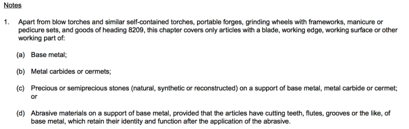 HTS chapter notes text defining which bladed and abrasive articles the chapter covers, listing base metal, metal carbides, precious stones and abrasive materials