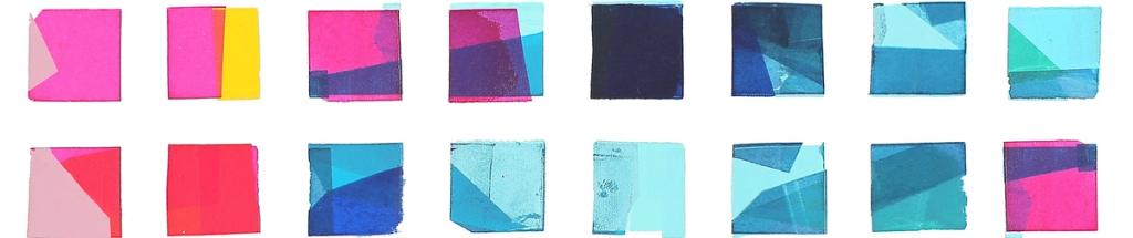 Grid of 16 overlapping translucent paint swatches in pink, red, teal and navy blue