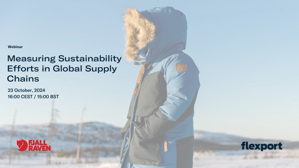 Person in Fjallraven winter parka in a snowy landscape; text 'Measuring Sustainability Efforts in Global Supply Chains, 23 October 2024' with Fjallraven and Flexport logos