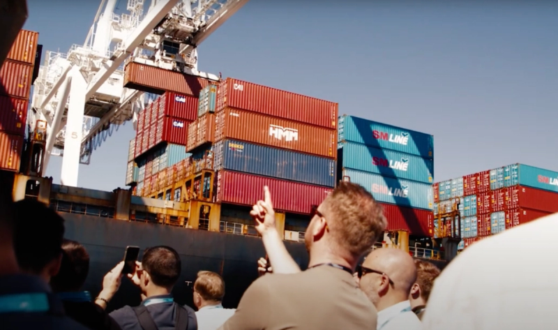 Crowd watching gantry cranes unload a stacked container ship, one person pointing upward