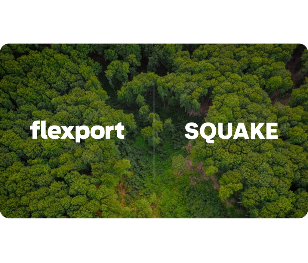 Aerial view of a dense green forest split down the middle by the Flexport and SQUAKE wordmarks