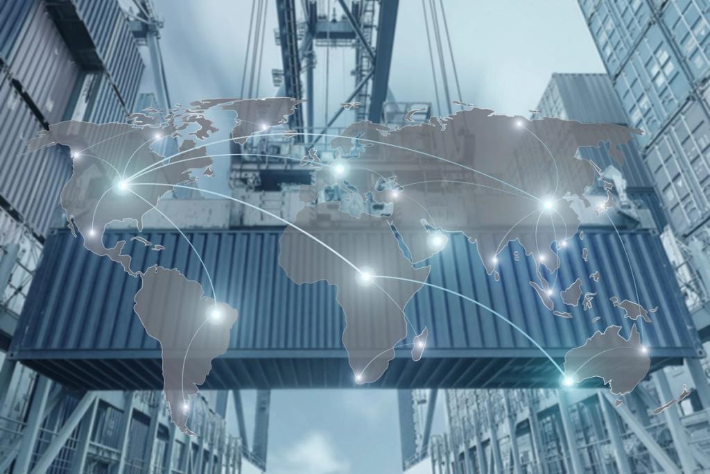 World map graphic with glowing connection lines overlaid on stacked port shipping containers