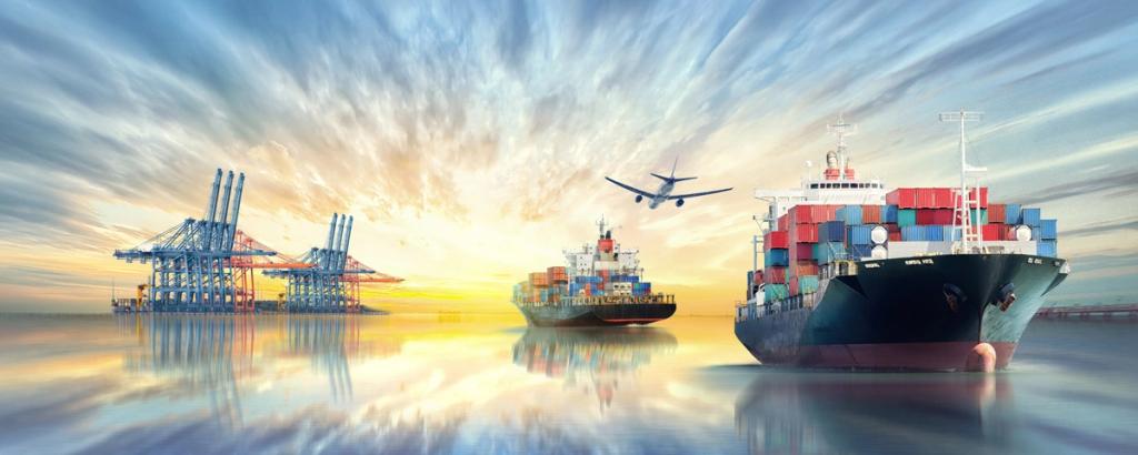 Cargo ships loaded with containers at a port with an airplane flying overhead, representing global logistics and maritime commerce.
