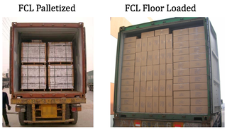 Side-by-side container photos comparing FCL Palletized cargo on pallets versus FCL Floor Loaded boxes stacked directly on the floor