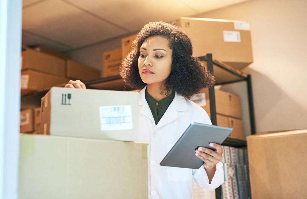 Warehouse worker in a white coat inspecting a labeled shipping box while holding a tablet
