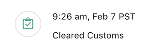 Flexport shipment tracking milestone showing a Cleared Customs status with timestamp 9:26 am, Feb 7 PST