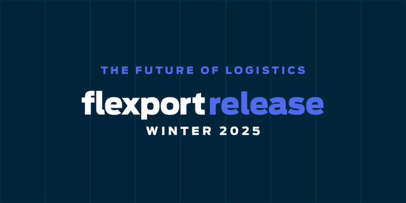 Dark navy title card: "THE FUTURE OF LOGISTICS" above flexport release logo and "WINTER 2025"
