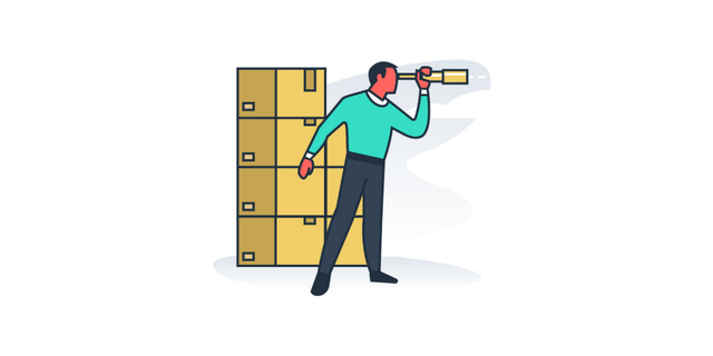 Flat illustration of a man in a teal sweater looking through a spyglass beside a stack of cardboard boxes.