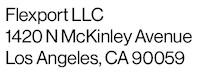 Sample US business address label reading Flexport LLC, 1420 N McKinley Avenue, Los Angeles, CA 90059.