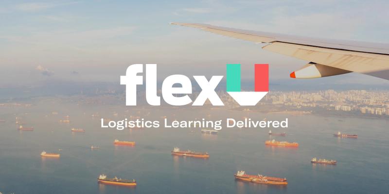 flexU logo and tagline 'Logistics Learning Delivered' over an aerial view of cargo ships at anchor and a plane wing.
