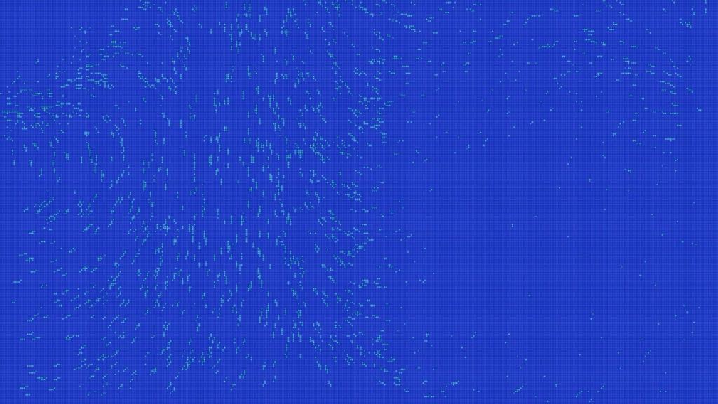 Digital network or data visualization with interconnected nodes and particles emanating outward.