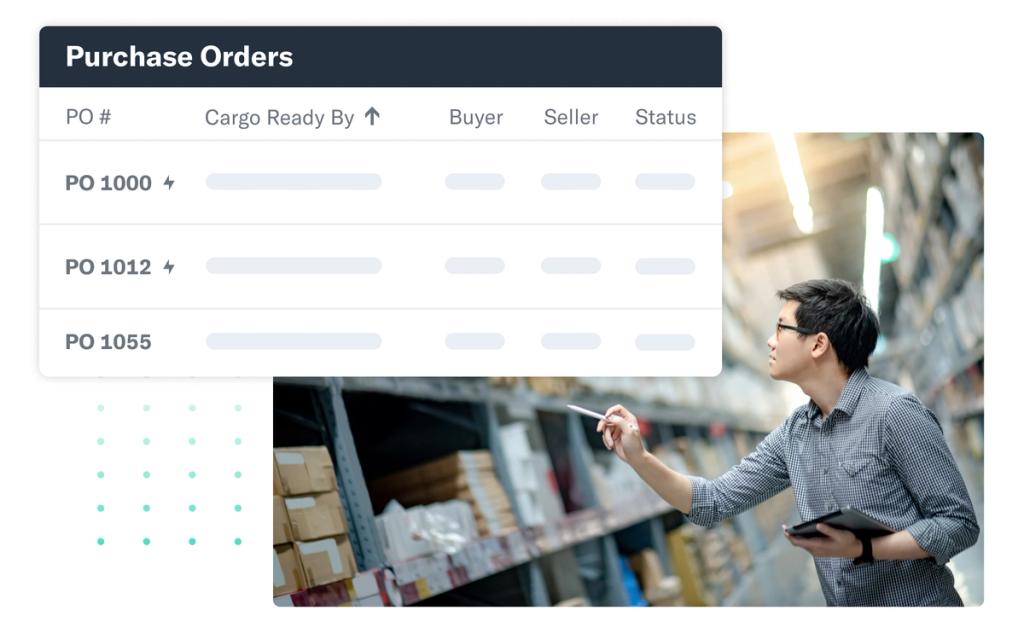 Flexport Purchase Orders screen listing PO numbers and cargo-ready dates over a photo of a worker checking warehouse racks