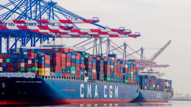 CMA CGM and APL container ships docked at a port beneath gantry cranes, stacked with multicolored shipping containers
