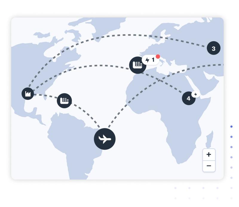 Flexport app UI with a world map of global supply-chain routes connecting factories, ports and an air-freight node