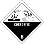Class 8 Corrosive dangerous goods hazard placard showing liquid corroding a hand and metal surface