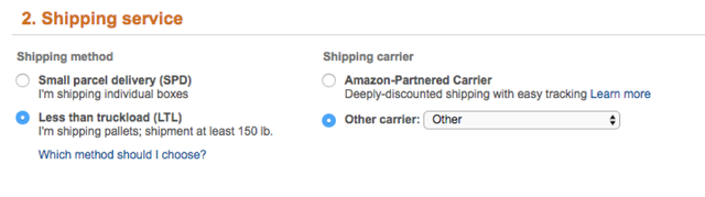 Amazon Seller Central Shipping service step with Less than truckload (LTL) method and Other carrier selected for Flexport FCL setup.