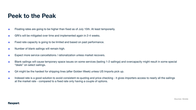 Flexport slide titled Peek to the Peak listing bulleted ocean freight rate and blank-sailing outlook points