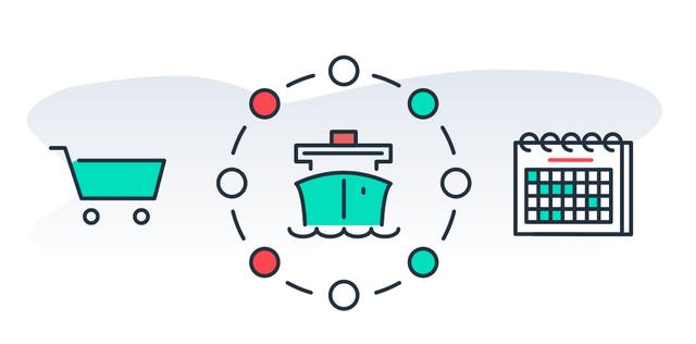 A cargo ship on a dashed ring between a shopping cart and a calendar.