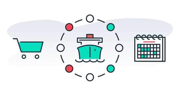 A cargo ship on a dashed ring between a shopping cart and a calendar.