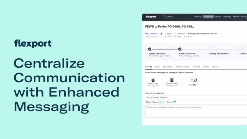 Tutorial card for enhanced messaging showing a shipment thread and team-member conversation panel