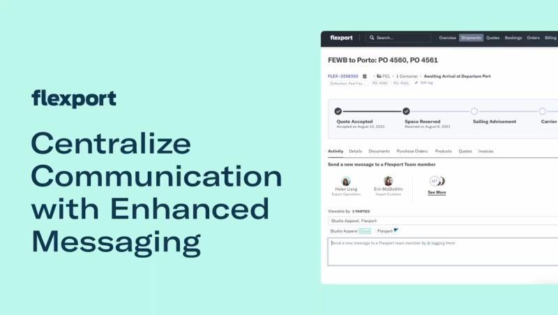 Tutorial card for enhanced messaging showing a shipment thread and team-member conversation panel