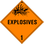 Orange Class 1 Explosives dangerous goods hazard placard with an exploding bomb symbol