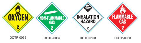 Four dangerous goods hazard placards: Oxygen and Non-Flammable Gas (Class 2), Inhalation Hazard, and Flammable Gas, with DOTP label codes