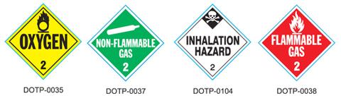 Four dangerous goods hazard placards: Oxygen and Non-Flammable Gas (Class 2), Inhalation Hazard, and Flammable Gas, with DOTP label codes