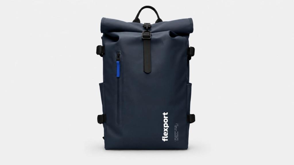 Flexport roll-top backpack with laptop compartment and side attachment straps.