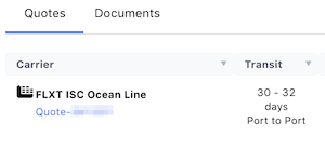 Flexport platform Quotes tab showing FLXT ISC Ocean Line carrier with 30-32 day port-to-port transit