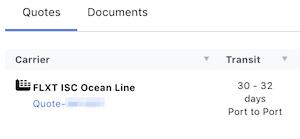 Flexport platform Quotes tab showing FLXT ISC Ocean Line carrier with 30-32 day port-to-port transit