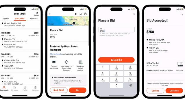 Four iPhone screens of a freight load-booking app: browsing loads, placing a bid of $750, and a Bid Accepted confirmation