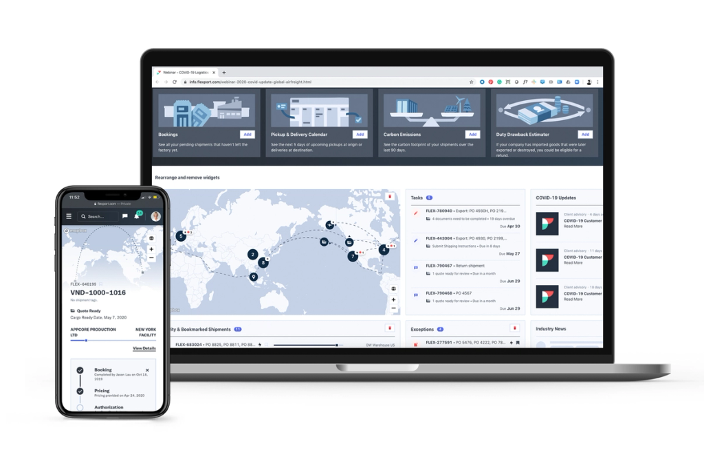 Flexport platform dashboard shown on a laptop and phone, with a world map and shipment widgets