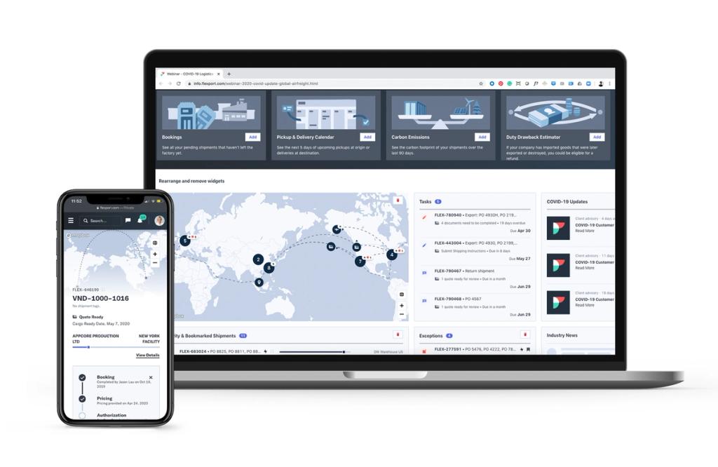 Flexport platform dashboard on a laptop and phone showing a world shipment map, tasks and exceptions