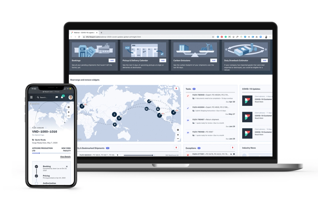 Flexport platform dashboard shown on a laptop and phone, with a world map and shipment widgets