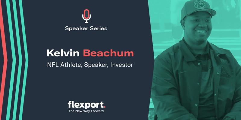 Flexport Speaker Series title card for "Kelvin Beachum, NFL Athlete, Speaker, Investor" with a teal-tinted photo of a smiling man in a cap