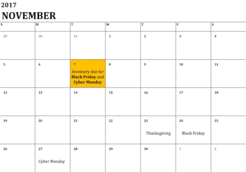 November 2017 calendar marking Nov 7 as inventory due for Black Friday and Cyber Monday, with Thanksgiving, Black Friday, and Cyber Monday dates noted