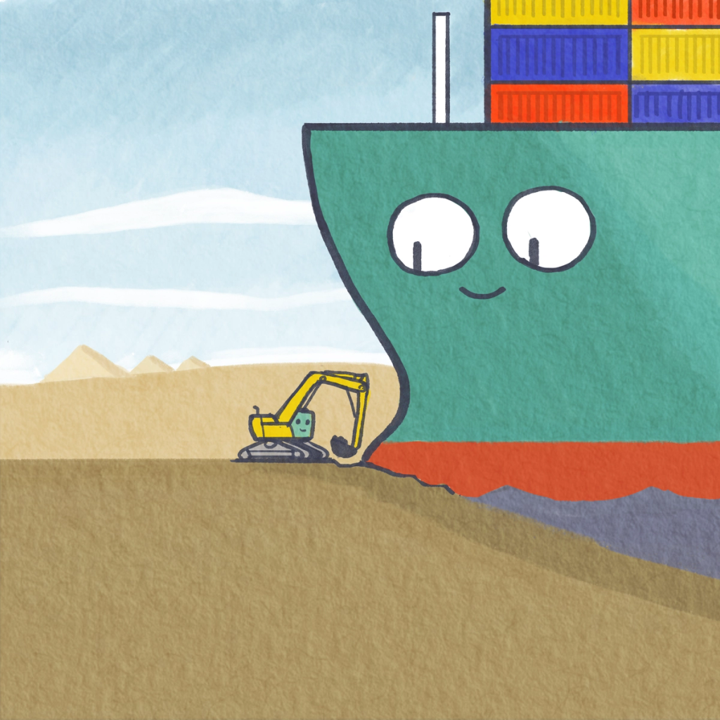 Cartoon of a smiling green container ship wedged in sand bank while a yellow excavator digs at its bow