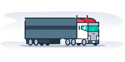 A semi-truck with a box trailer, seen side-on.