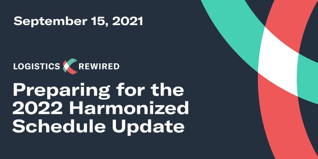 LOGISTICS REWIRED title card dated September 15, 2021: "Preparing for the 2022 Harmonized Schedule Update" on dark navy with arc graphics