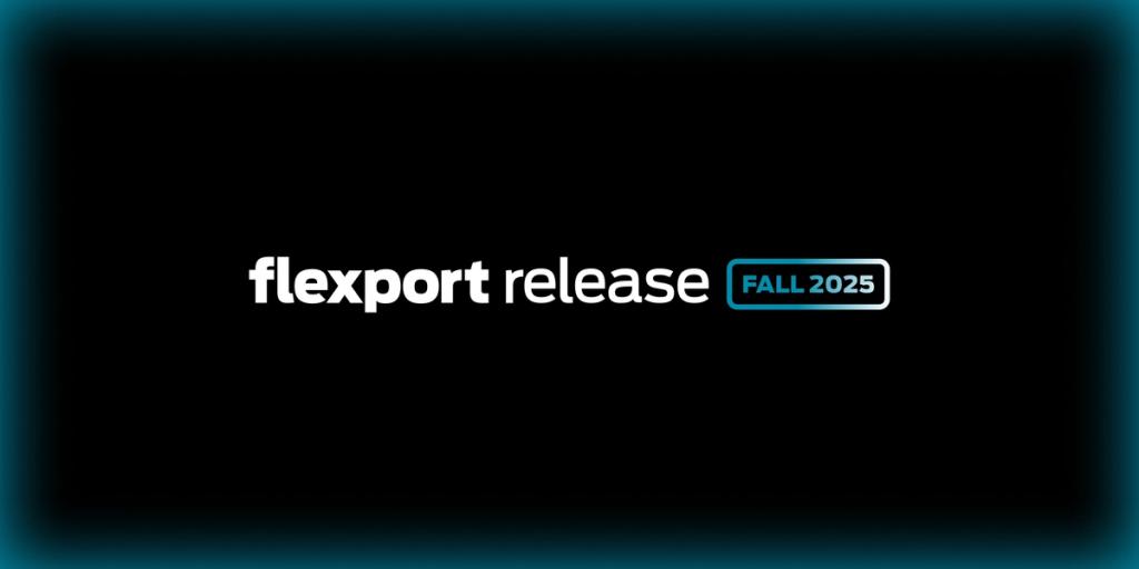 "flexport release FALL 2025" wordmark with a glowing teal-bordered badge on a black background
