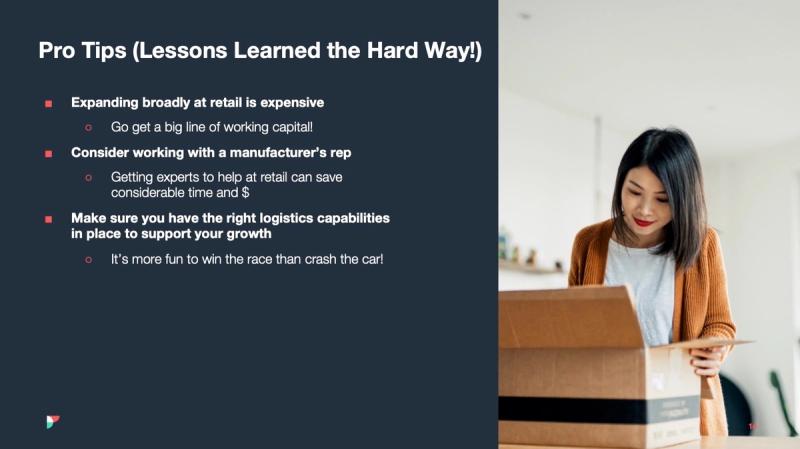 Slide titled Pro Tips (Lessons Learned the Hard Way!) beside a woman opening a cardboard box