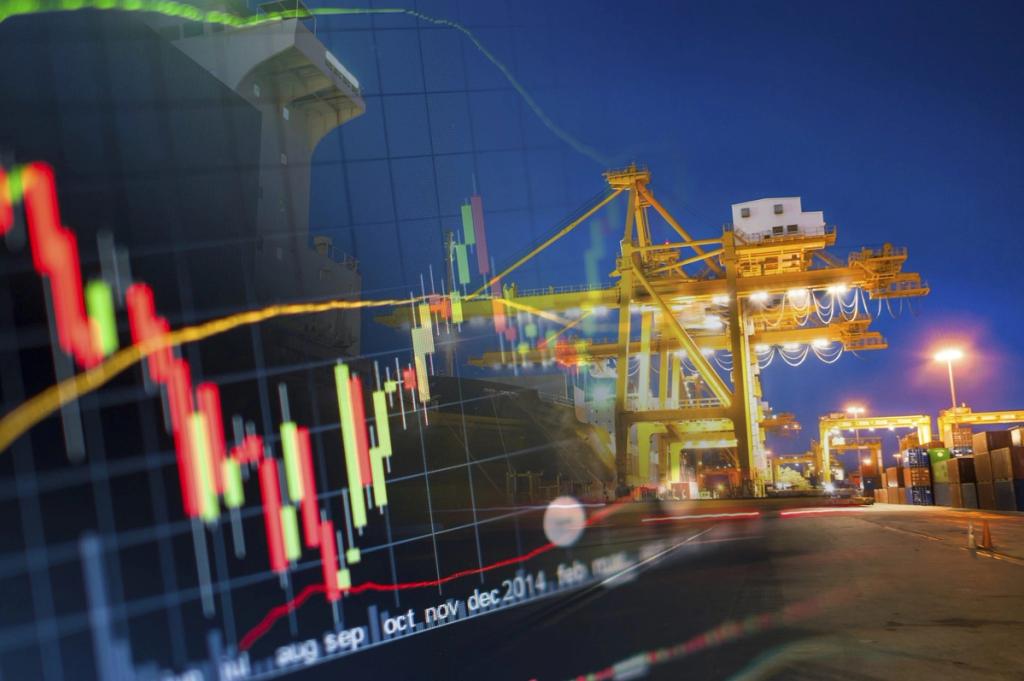 Container port crane at night overlaid with red and green candlestick stock chart graphics