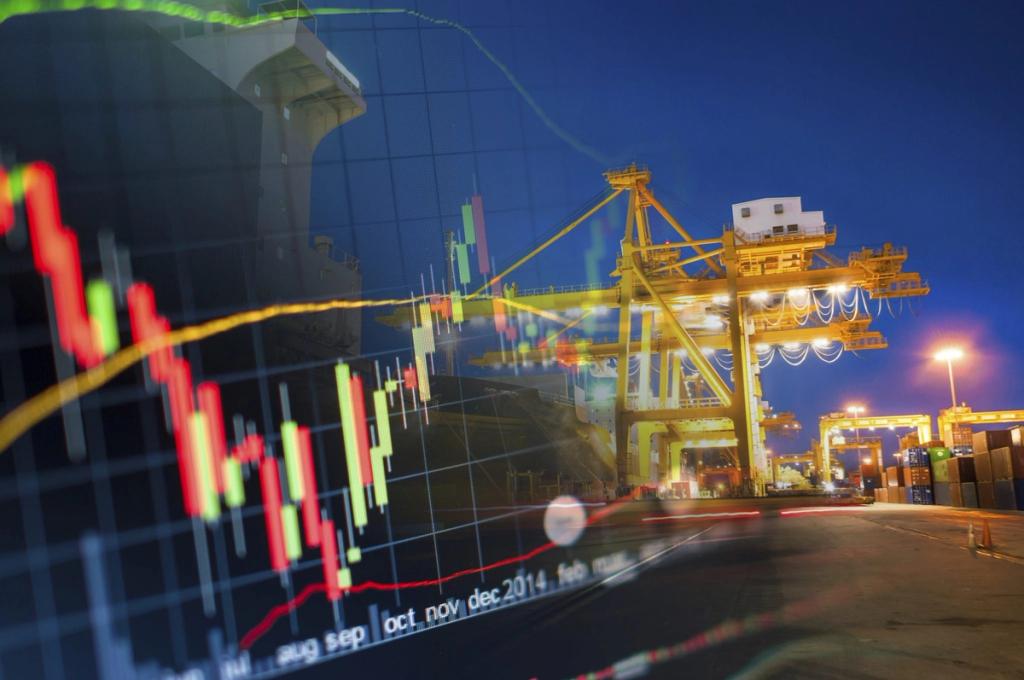 Container port crane at night overlaid with red and green candlestick stock chart graphics